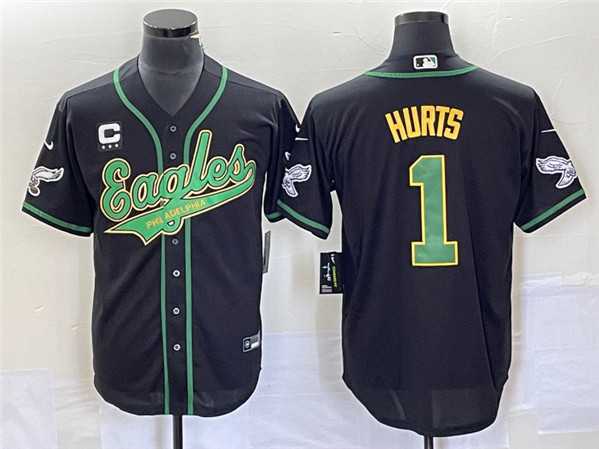 Mens Philadelphia Eagles #1 Jalen Hurts Black With C Patch Cool Base Stitched Baseball Jersey